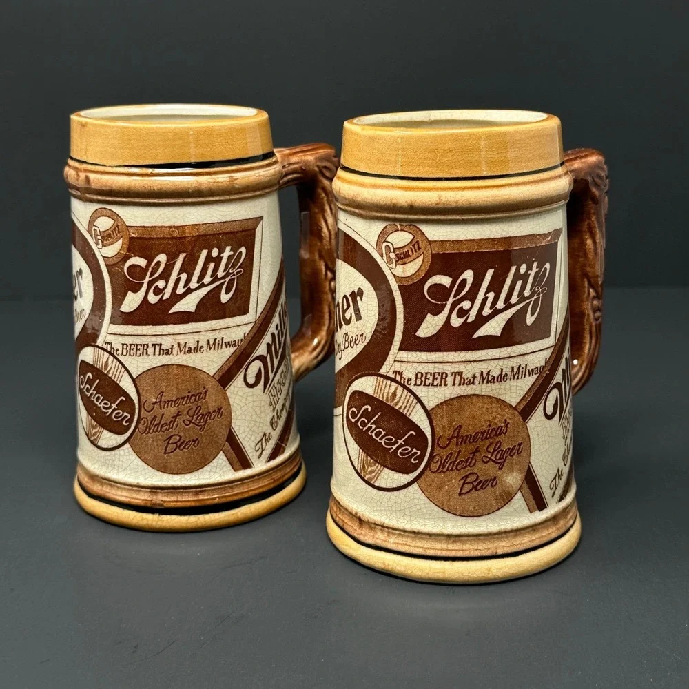Vintage Beer Stein Mug Set 2 Schlitz Miller Schaefer Gunther Japan Barware 5.5